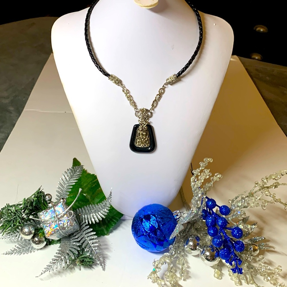 Silver & Black Leather Statement Necklace, NWT